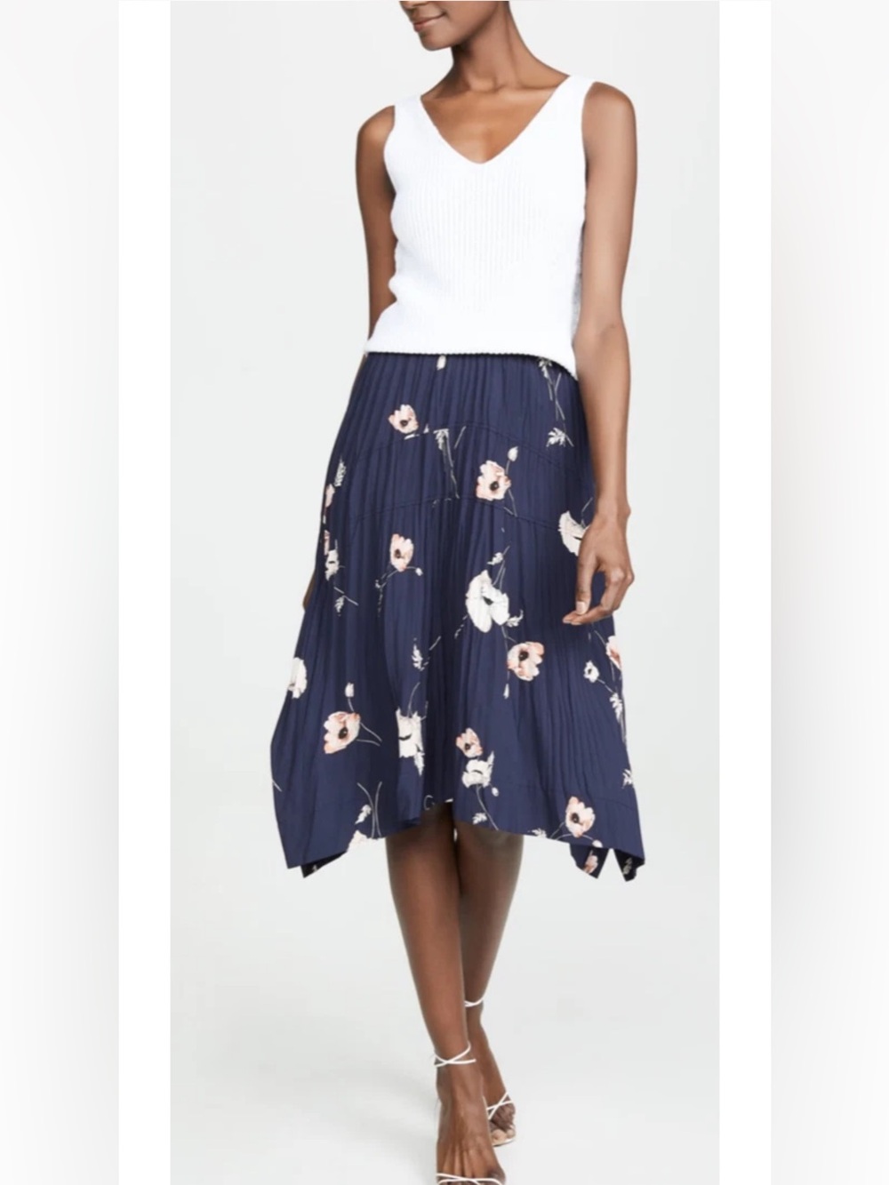 VINCE Tossed Poppy Pleated Midi Skirt in Marine Floral Size S
